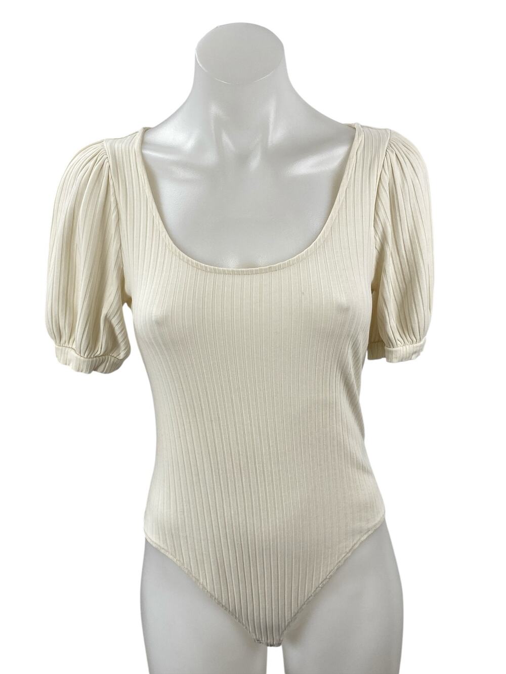 & Other Stories Beige Cream Short Puff Sleeve Scoop Neck Blouse Bodysuit Top M